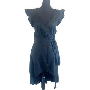 STEELE XSMALL Linen Wrap Hi Lo Black Dress Tie Waist